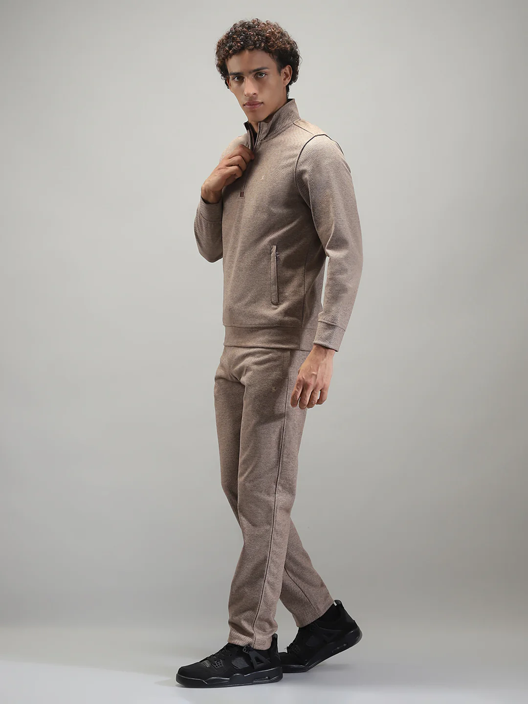 Men Brown Self Design Mock Neck Full Sleeve Winter Tracksuit - Image 3