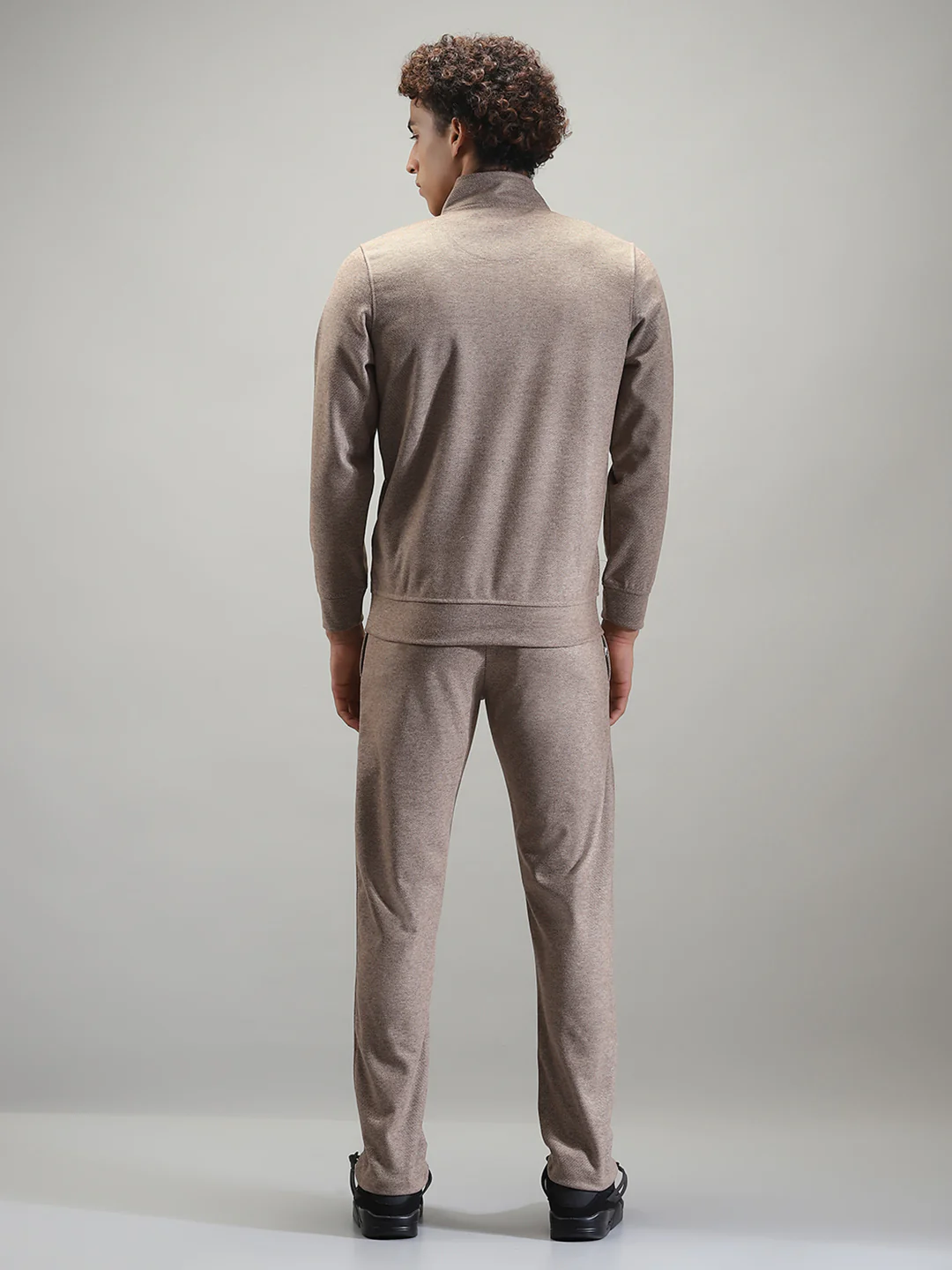 Men Brown Self Design Mock Neck Full Sleeve Winter Tracksuit - Image 5