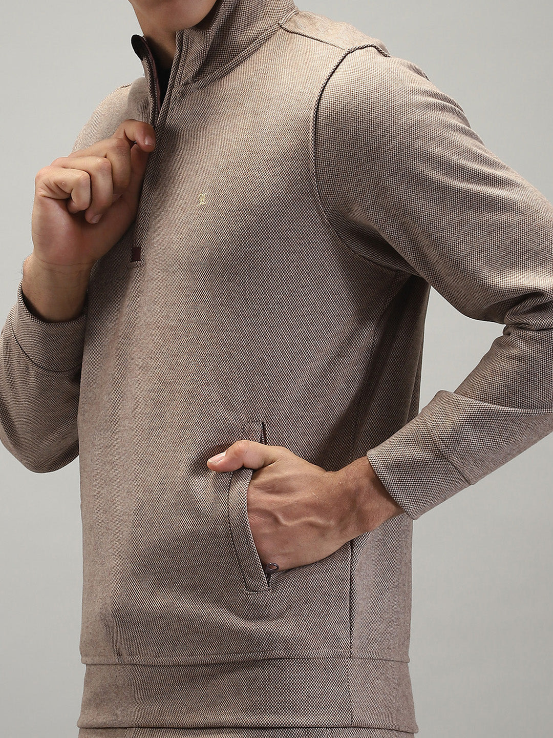 Men Brown Self Design Mock Neck Full Sleeve Winter Tracksuit - Image 7