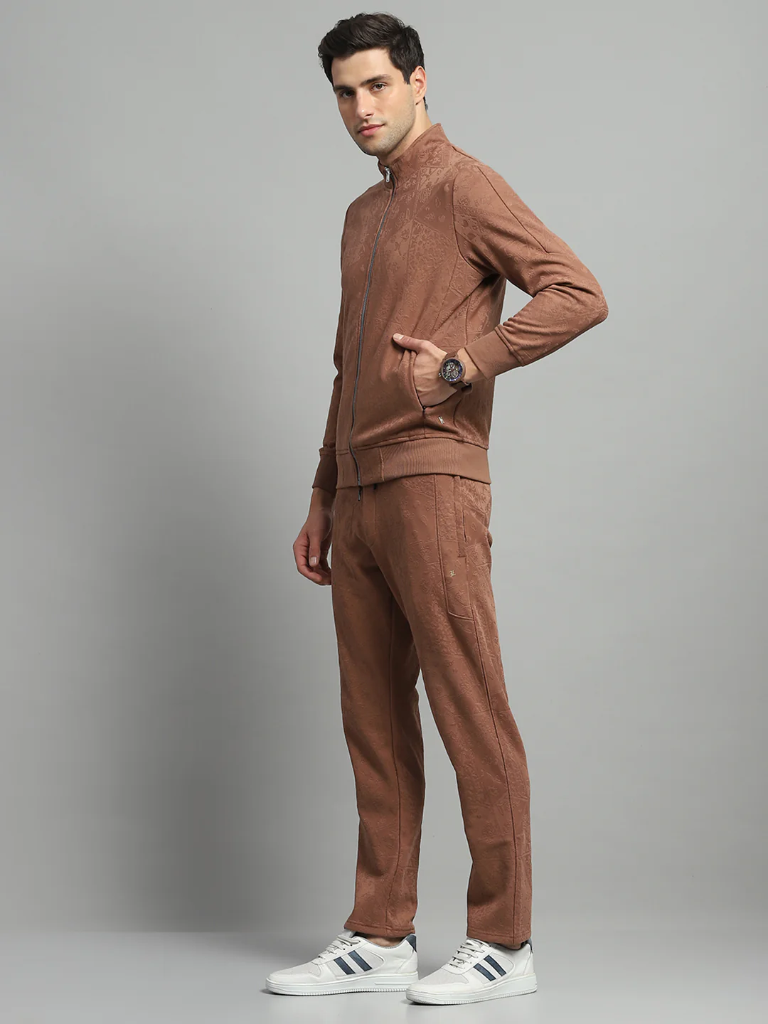 Luxuria Men Brown Self Design Mock Neck Full Sleeve Winter Tracksuit - Image 3