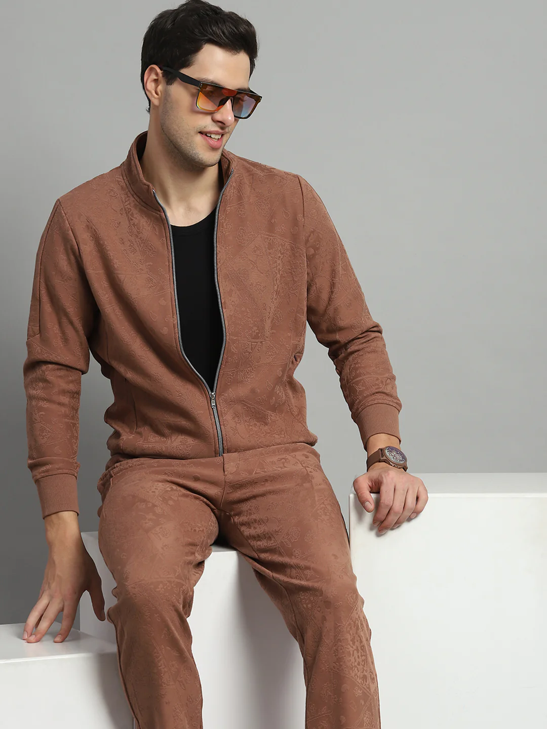 Luxuria Men Brown Self Design Mock Neck Full Sleeve Winter Tracksuit - Image 6
