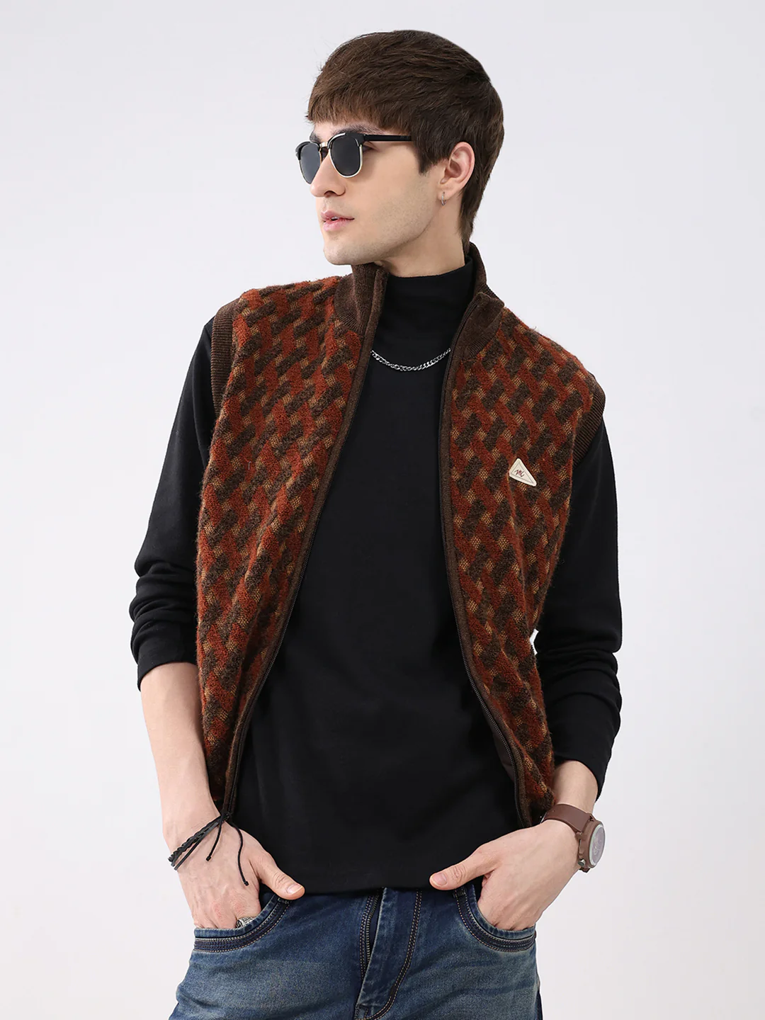 Men Brown Self Design Mock Neck Sleeveless Jacket - Image 6