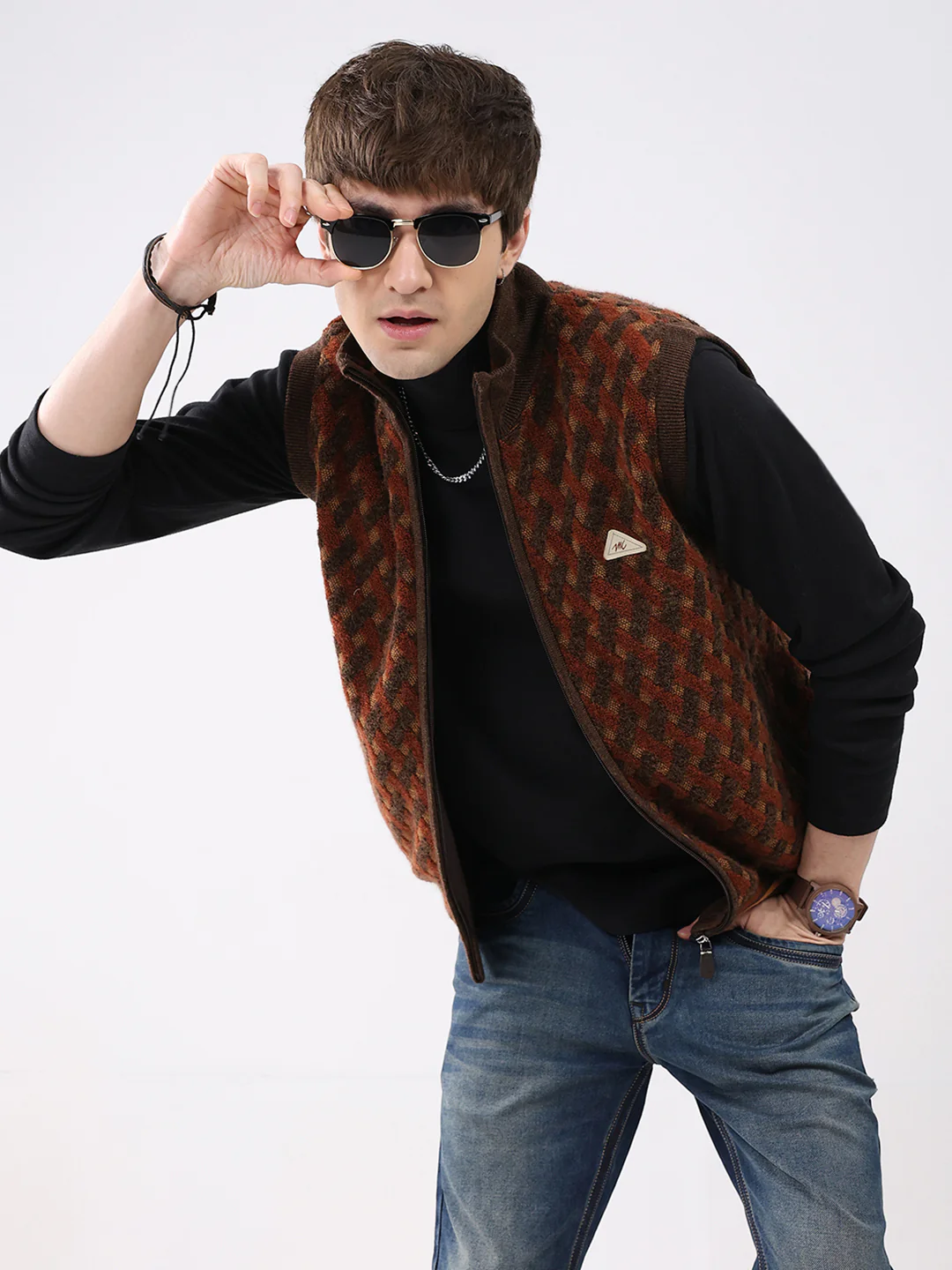 Men Brown Self Design Mock Neck Sleeveless Jacket - Image 7