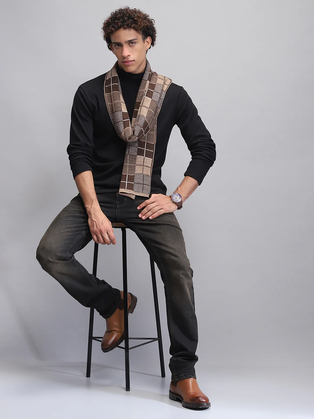 Men Brown Self Design Muffler - Image 2