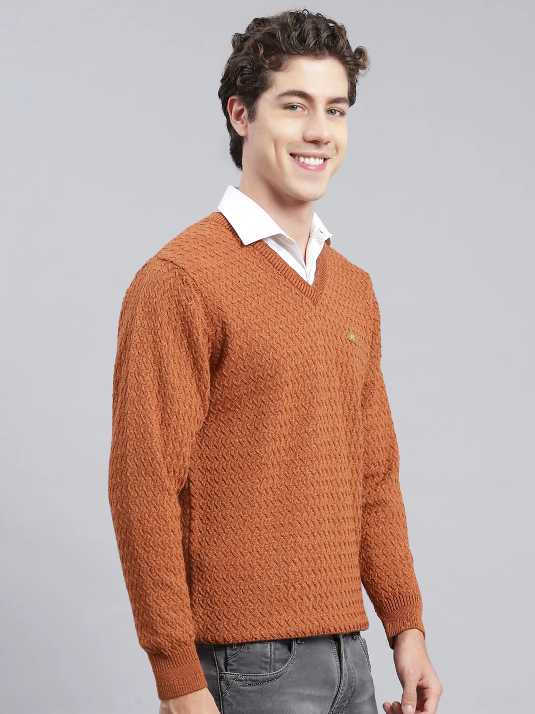 Men Brown Self Design Pure wool Pullover - Image 2