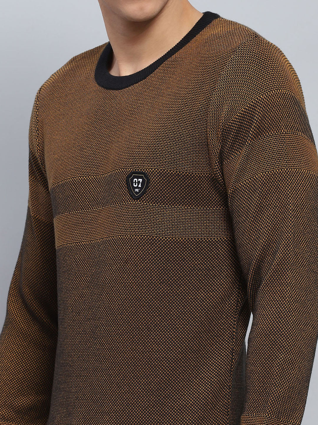 Men Brown Self Design Round Neck Full Sleeve Pullover - Image 6