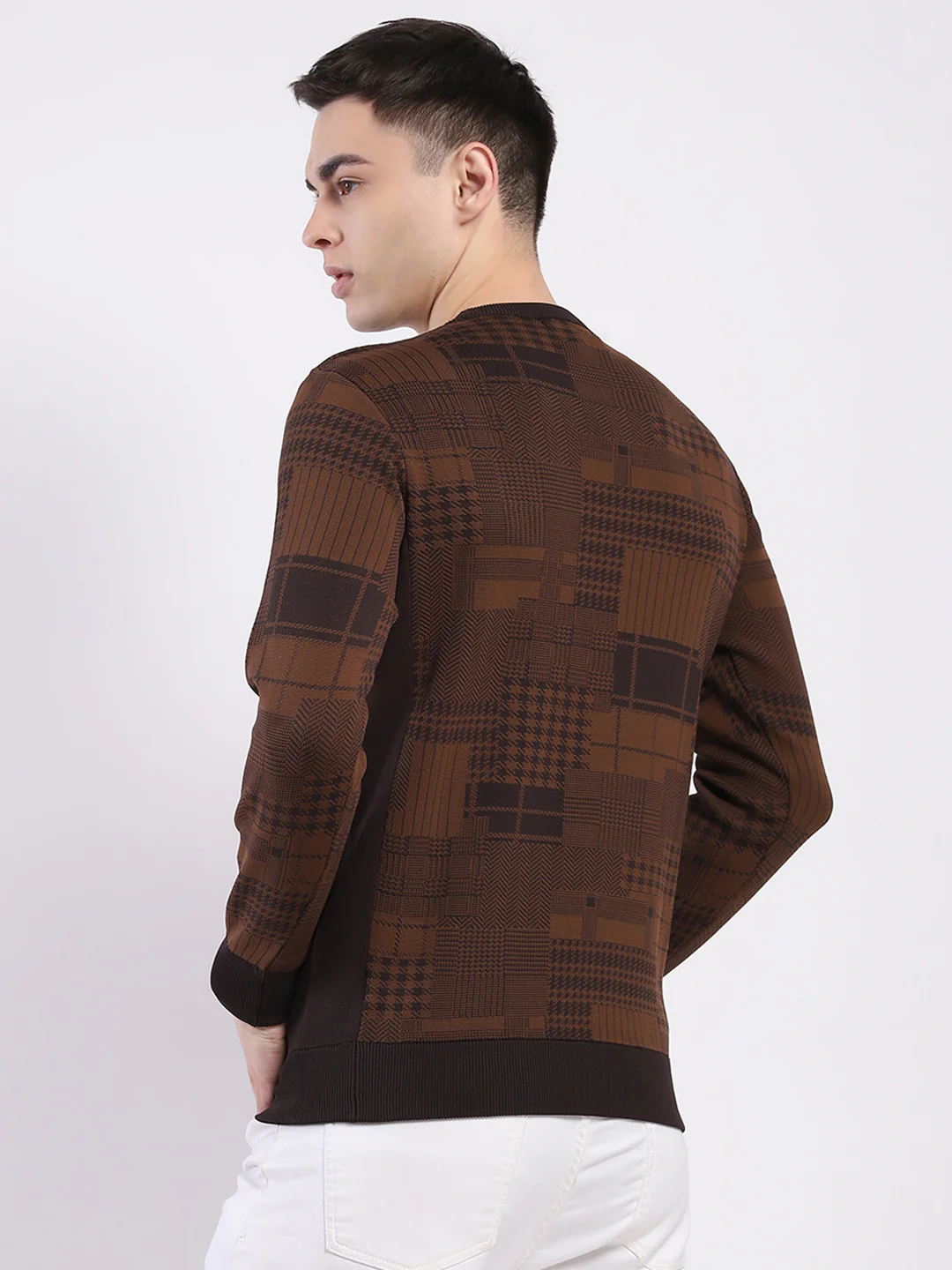 Men Brown Self Design Round Neck Full Sleeve Pullover - Image 5