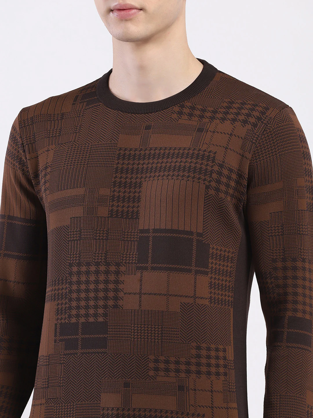 Men Brown Self Design Round Neck Full Sleeve Pullover - Image 7