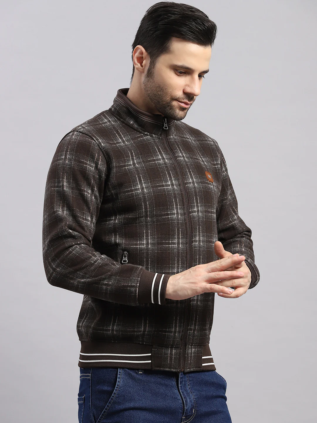 Men Brown Self Design Ultra Warm Collar Sweatshirt - Anti-Pilling Fabric - Image 4