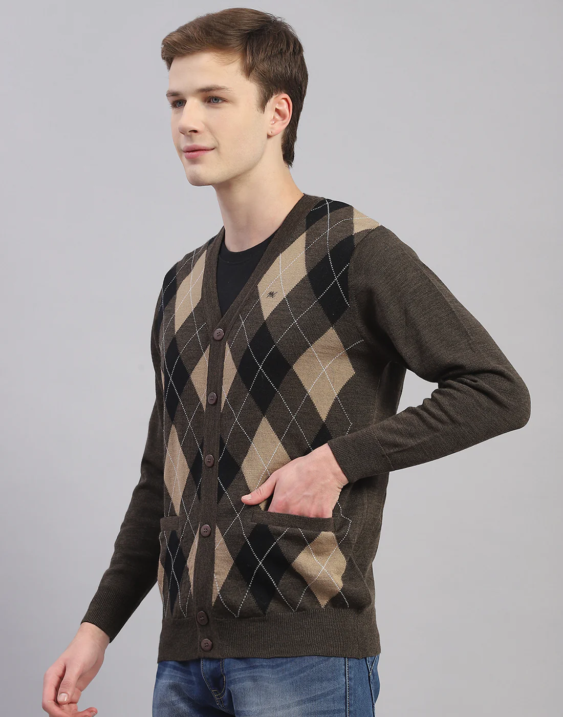Men Brown Self Design V Neck Full Sleeve Cardigan - Image 3
