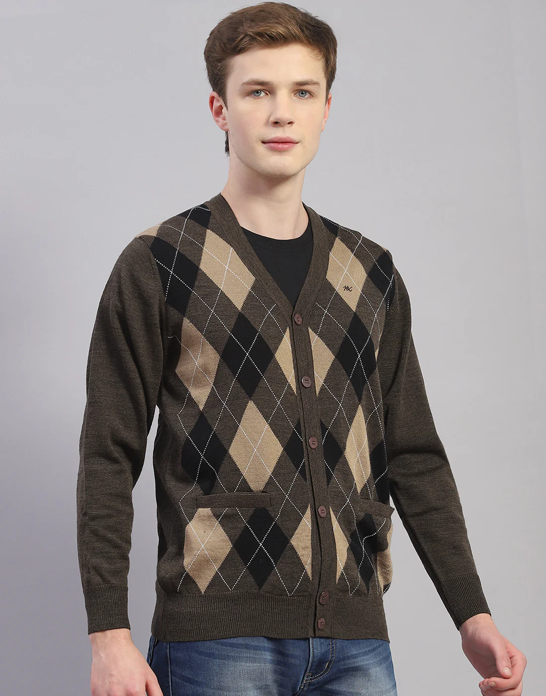 Men Brown Self Design V Neck Full Sleeve Cardigan - Image 4