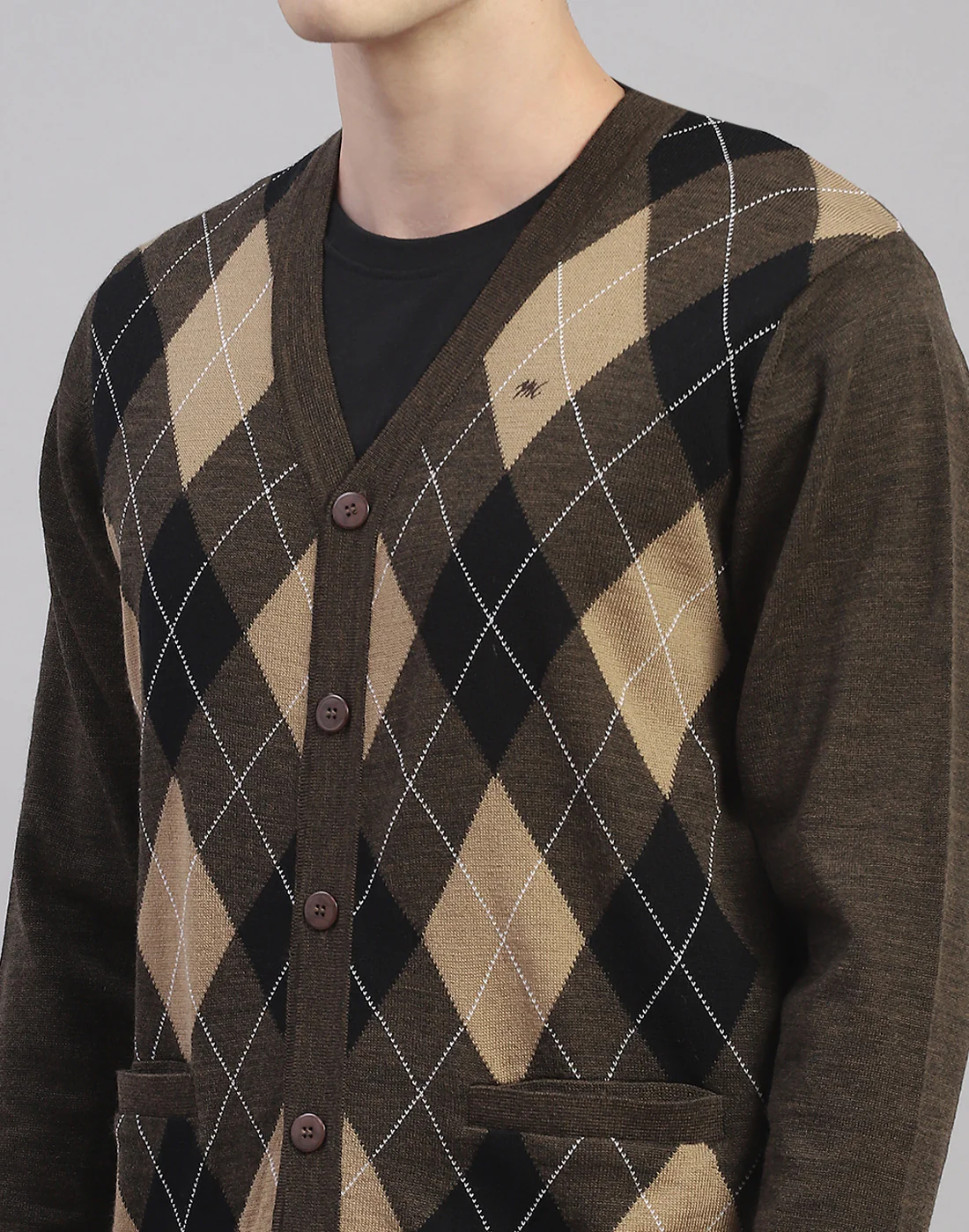 Men Brown Self Design V Neck Full Sleeve Cardigan - Image 6