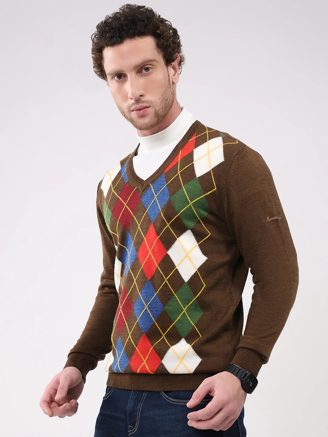 Men Brown Self Design V Neck Full Sleeve Pullover - Image 3