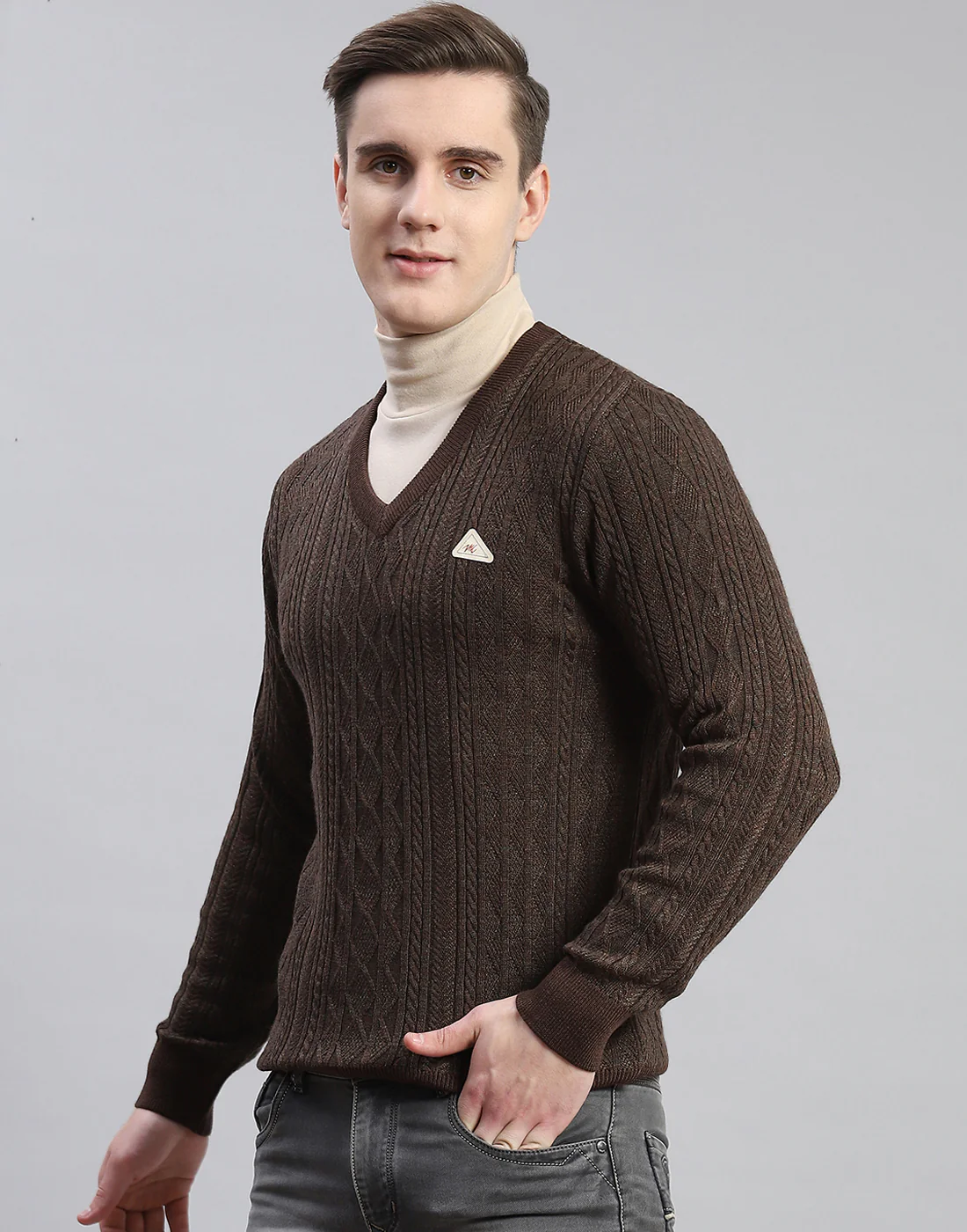Men Brown Self Design V Neck Full Sleeve Pullover - Image 3