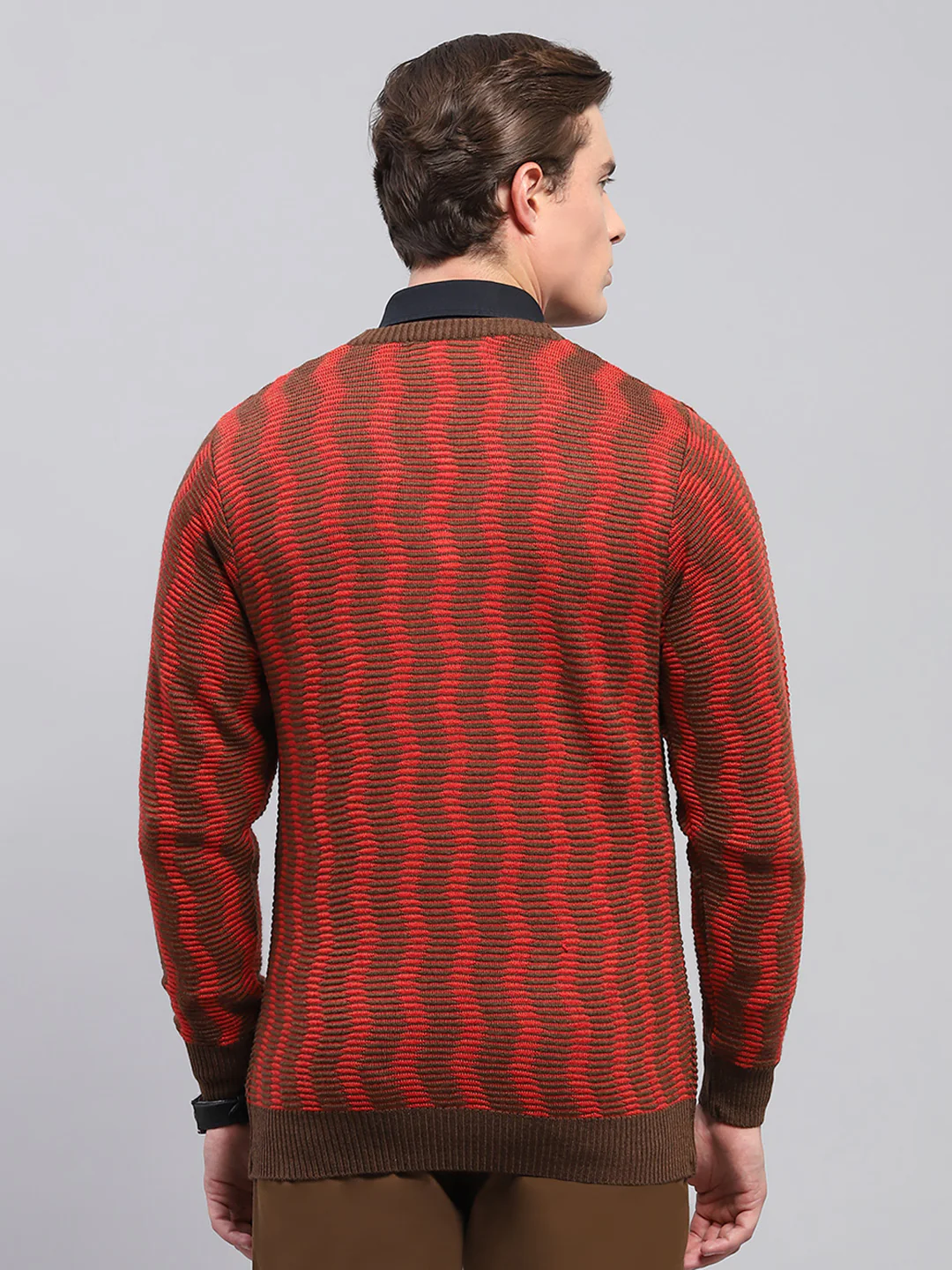 Men Brown Self Design V Neck Full Sleeve Pullover - Image 5