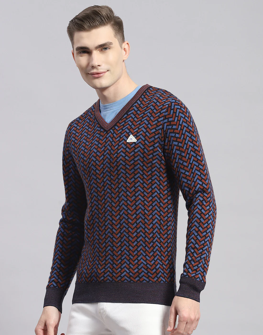Men Brown Self Design V Neck Full Sleeve Pullover - Image 4