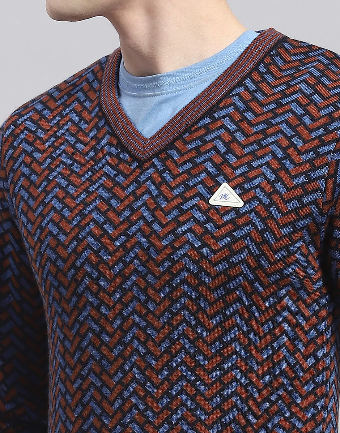 Men Brown Self Design V Neck Full Sleeve Pullover - Image 7