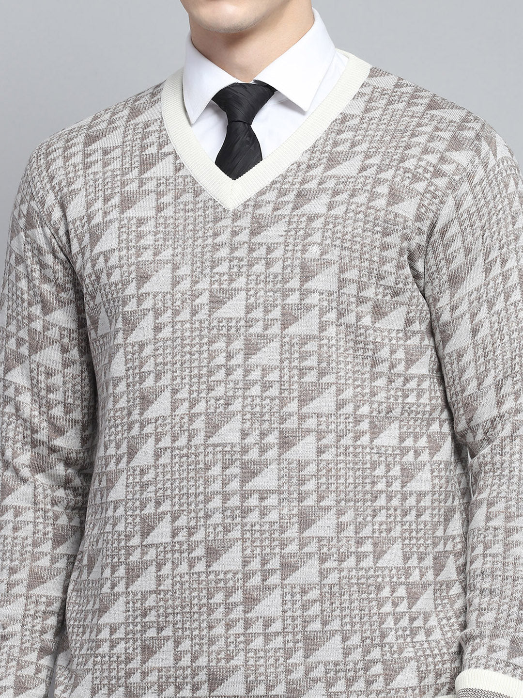 Men Brown Self Design V Neck Full Sleeve Pullover - Image 6