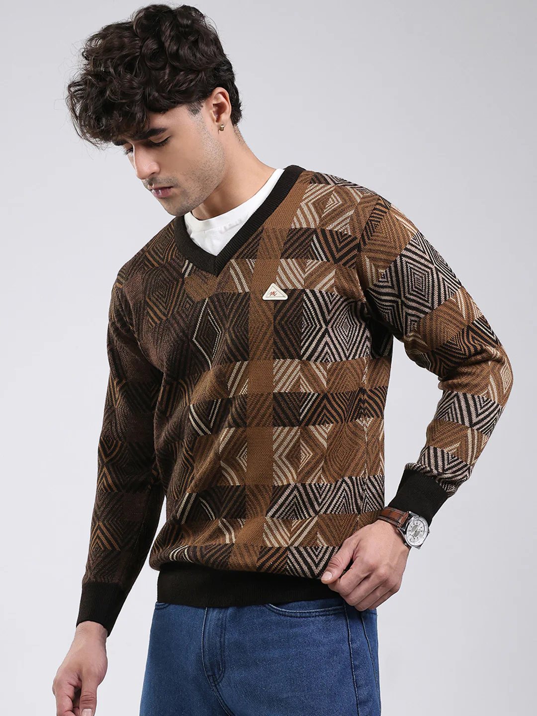 Men Brown Self Design V Neck Full Sleeve Pullover - Image 3