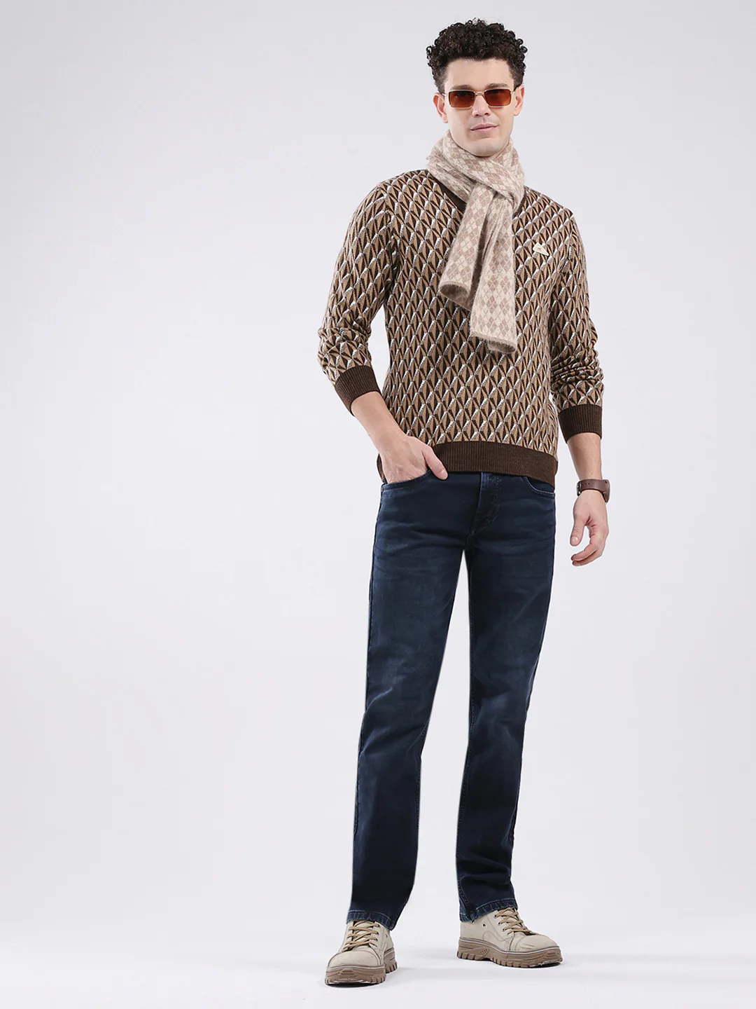 Men Brown Self Design V Neck Full Sleeve Pullover - Image 2
