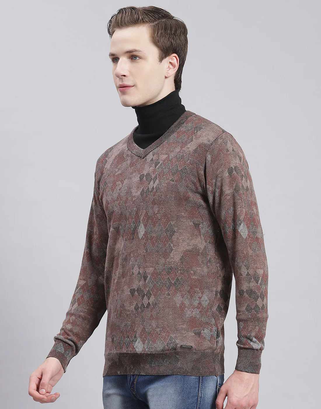 Men Brown Self Design V Neck Full Sleeve Sweater - Image 3