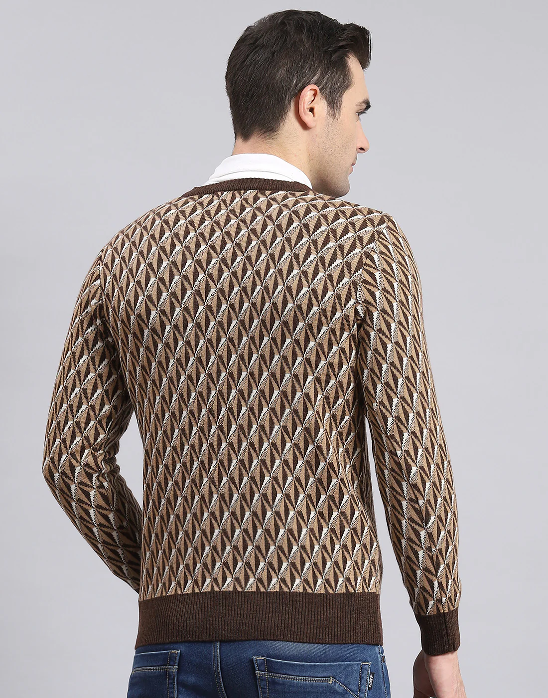 Men Brown Self Design V Neck Full Sleeve Sweater - Image 7