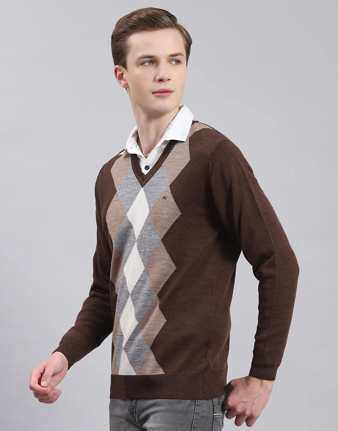 Men Brown Self Design V Neck Full Sleeve Sweater - Image 3