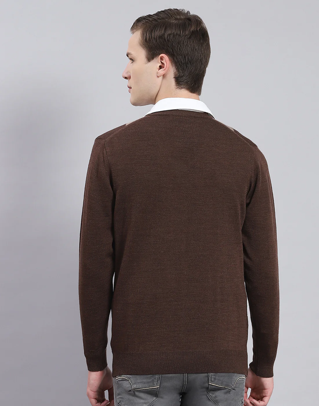 Men Brown Self Design V Neck Full Sleeve Sweater - Image 5