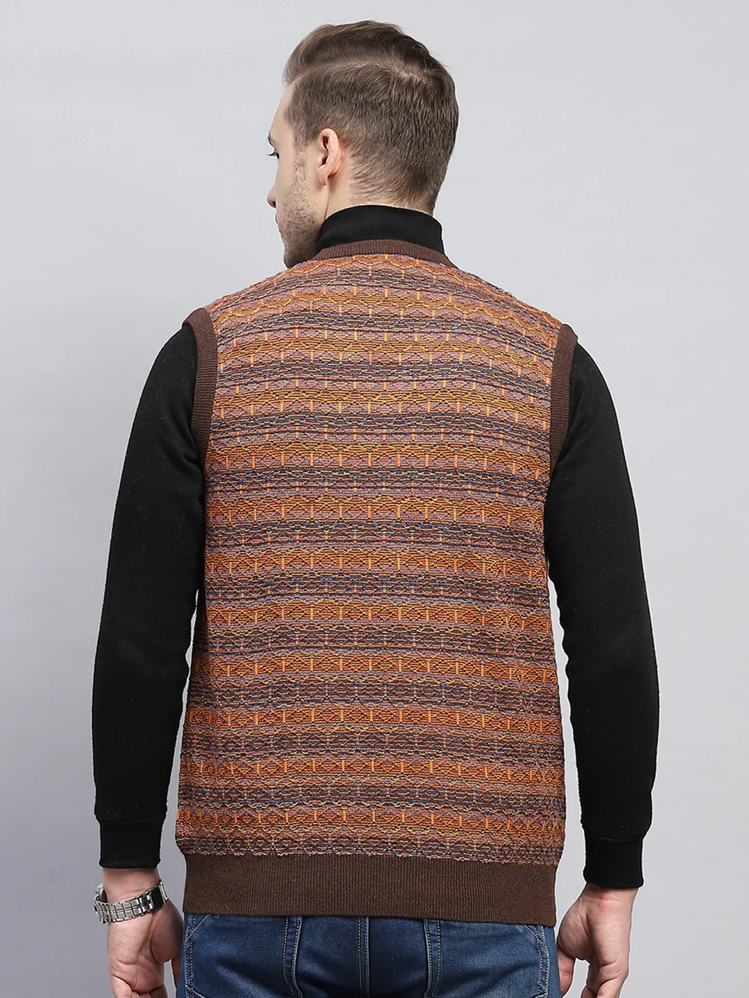 Men Brown Self Design V Neck Sleeveless Sweater - Image 5