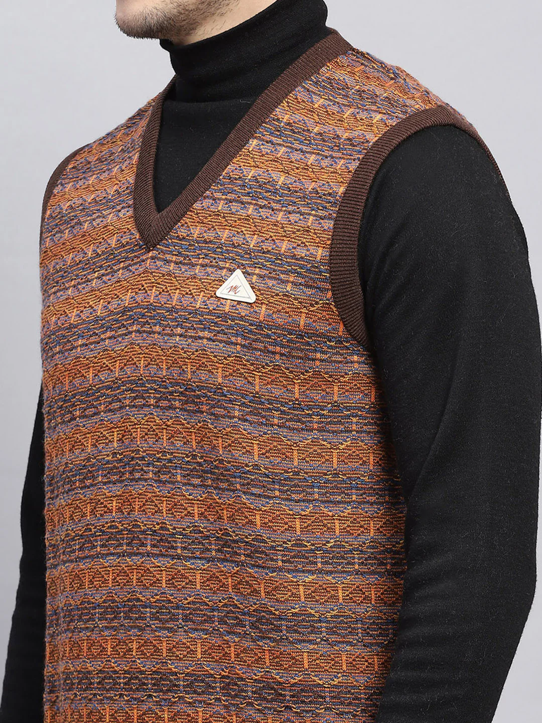 Men Brown Self Design V Neck Sleeveless Sweater - Image 7