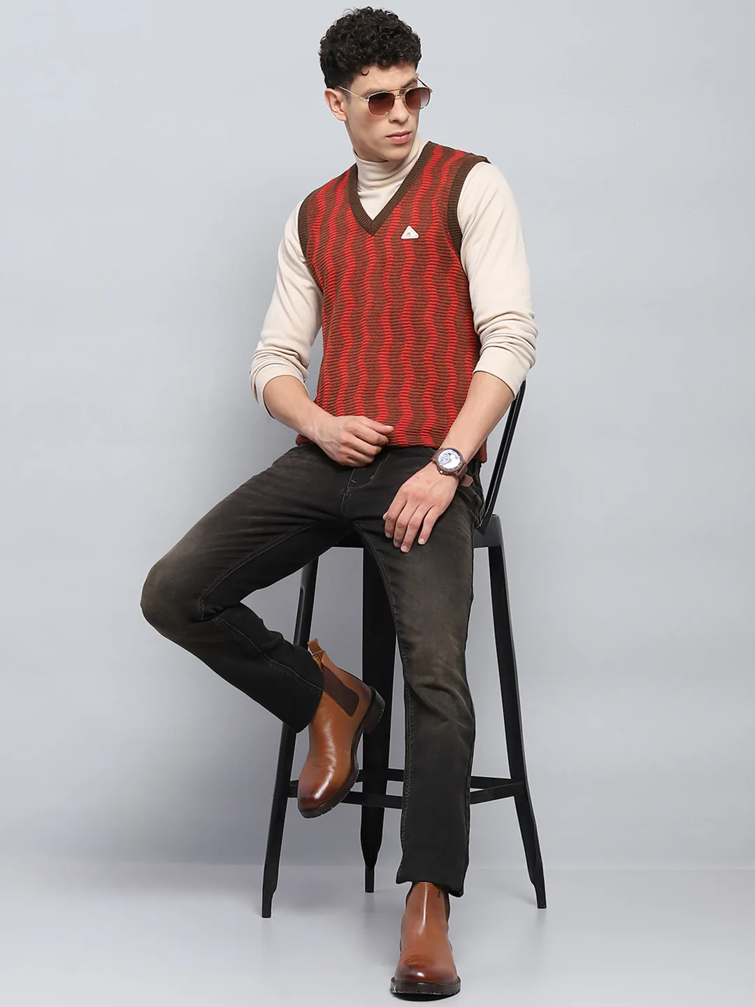 Men Brown Self Design V Neck Sleeveless Sweater - Image 2