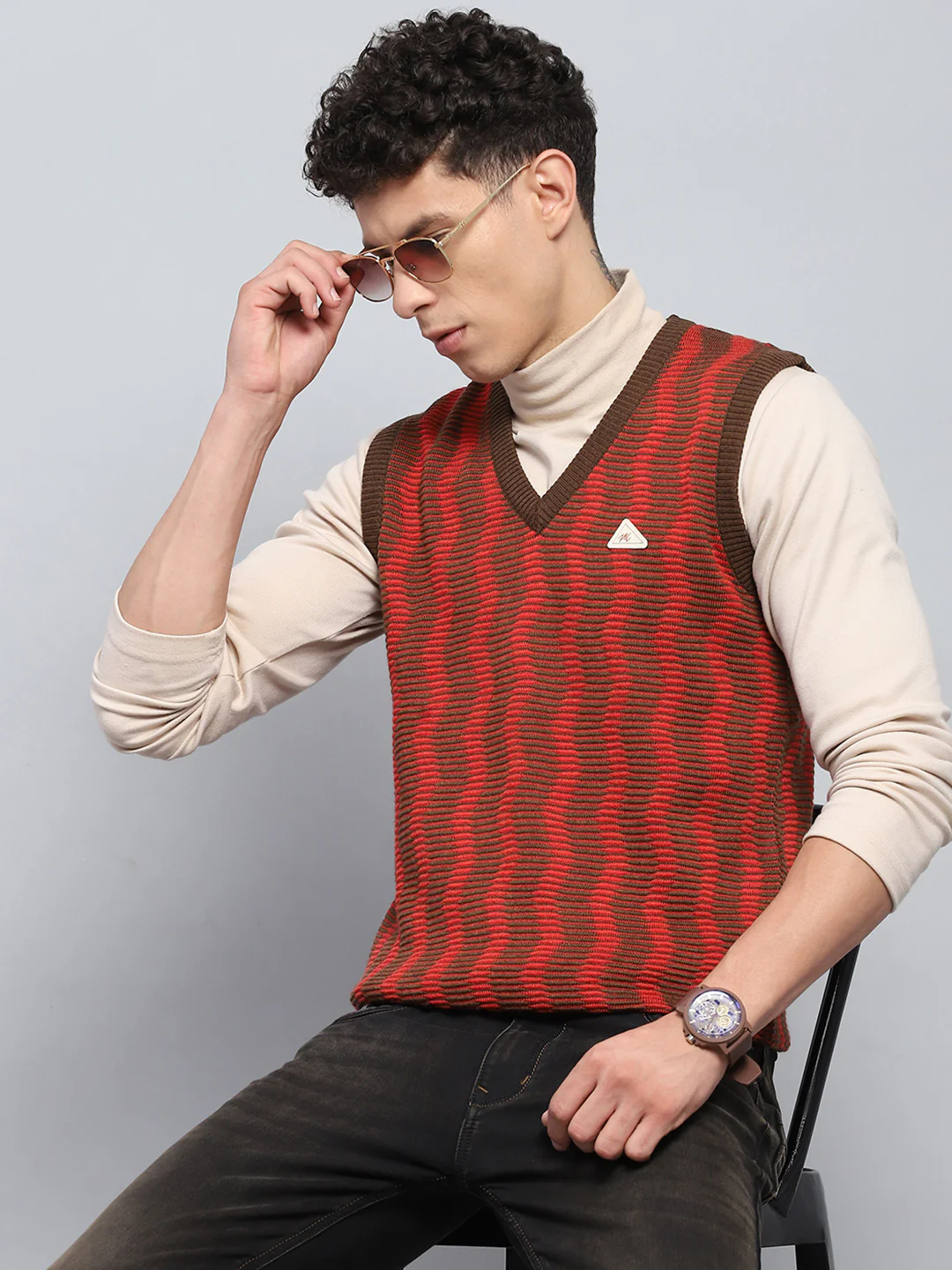 Men Brown Self Design V Neck Sleeveless Sweater - Image 6