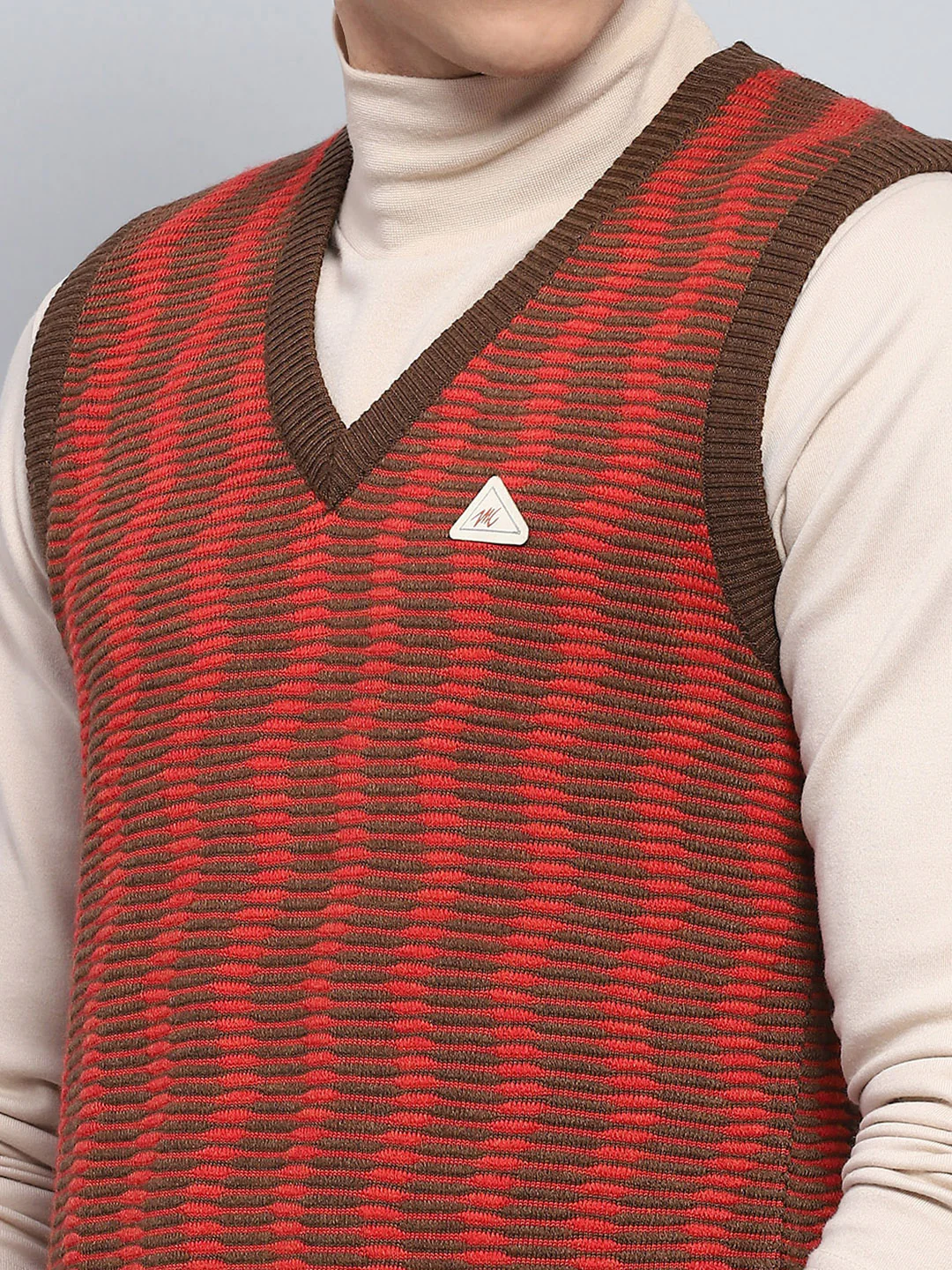Men Brown Self Design V Neck Sleeveless Sweater - Image 7