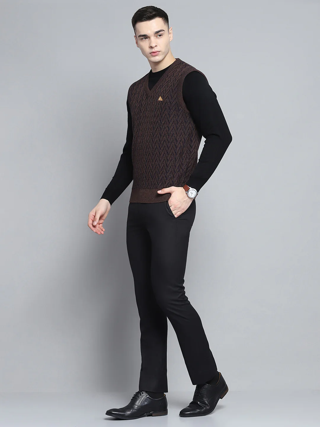 Men Brown Self Design V Neck Sleeveless Sweater - Image 2