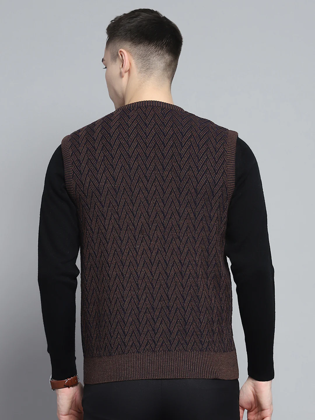 Men Brown Self Design V Neck Sleeveless Sweater - Image 5