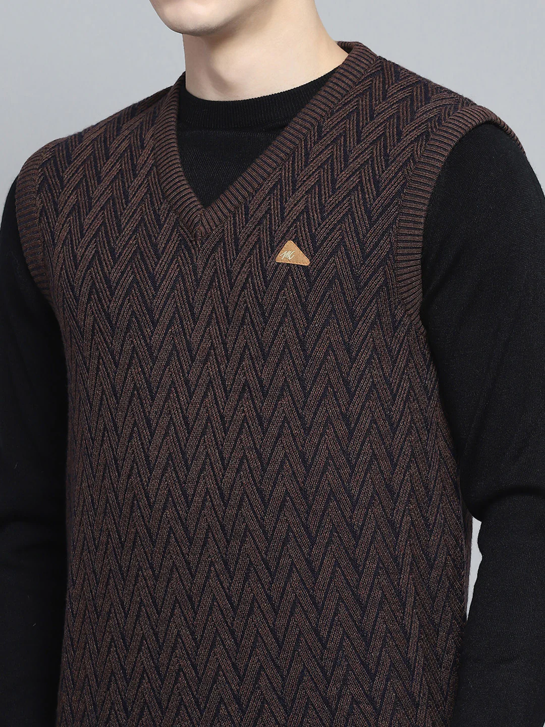 Men Brown Self Design V Neck Sleeveless Sweater - Image 6