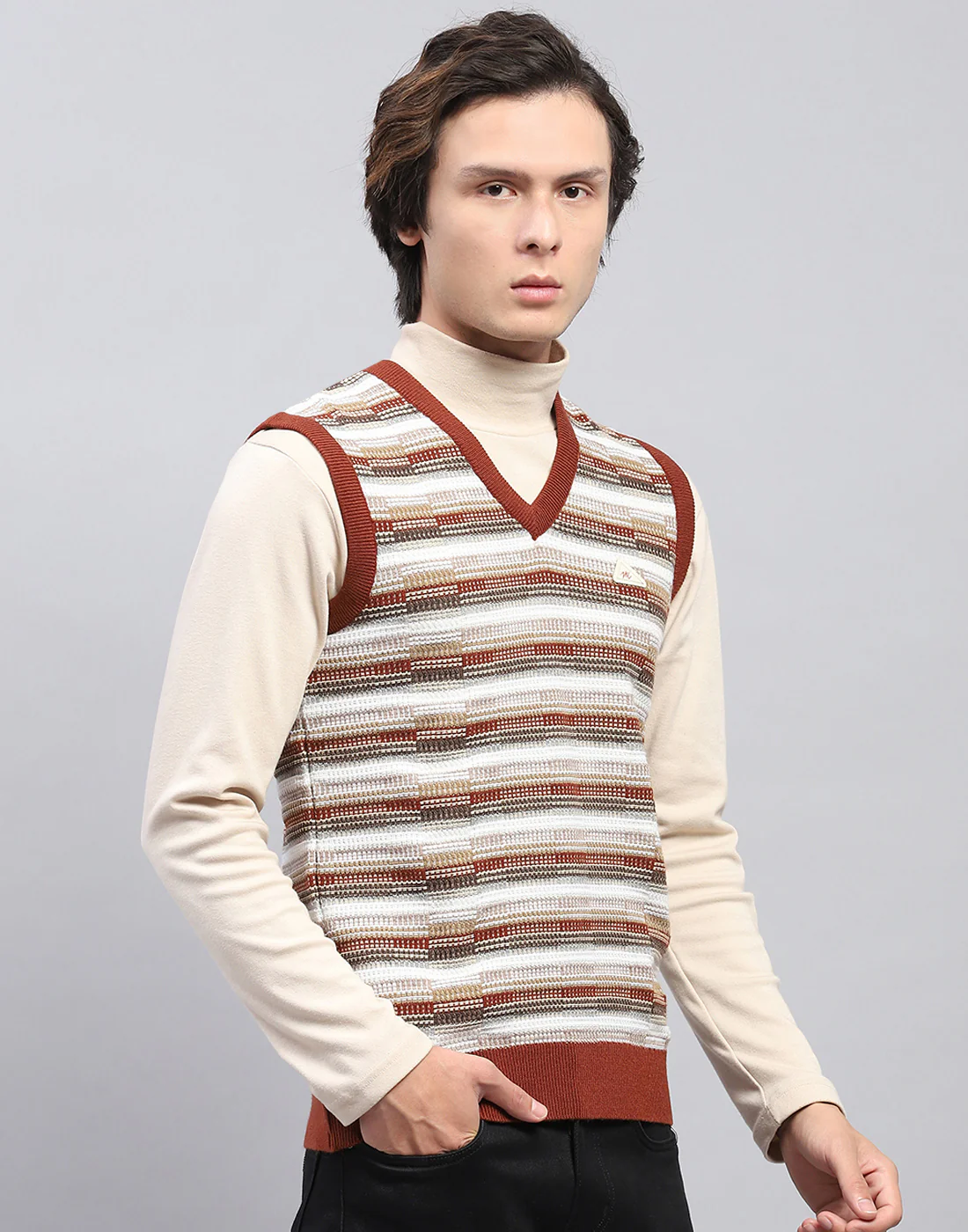 Men Brown Self Design V Neck Sleeveless Sweater - Image 4