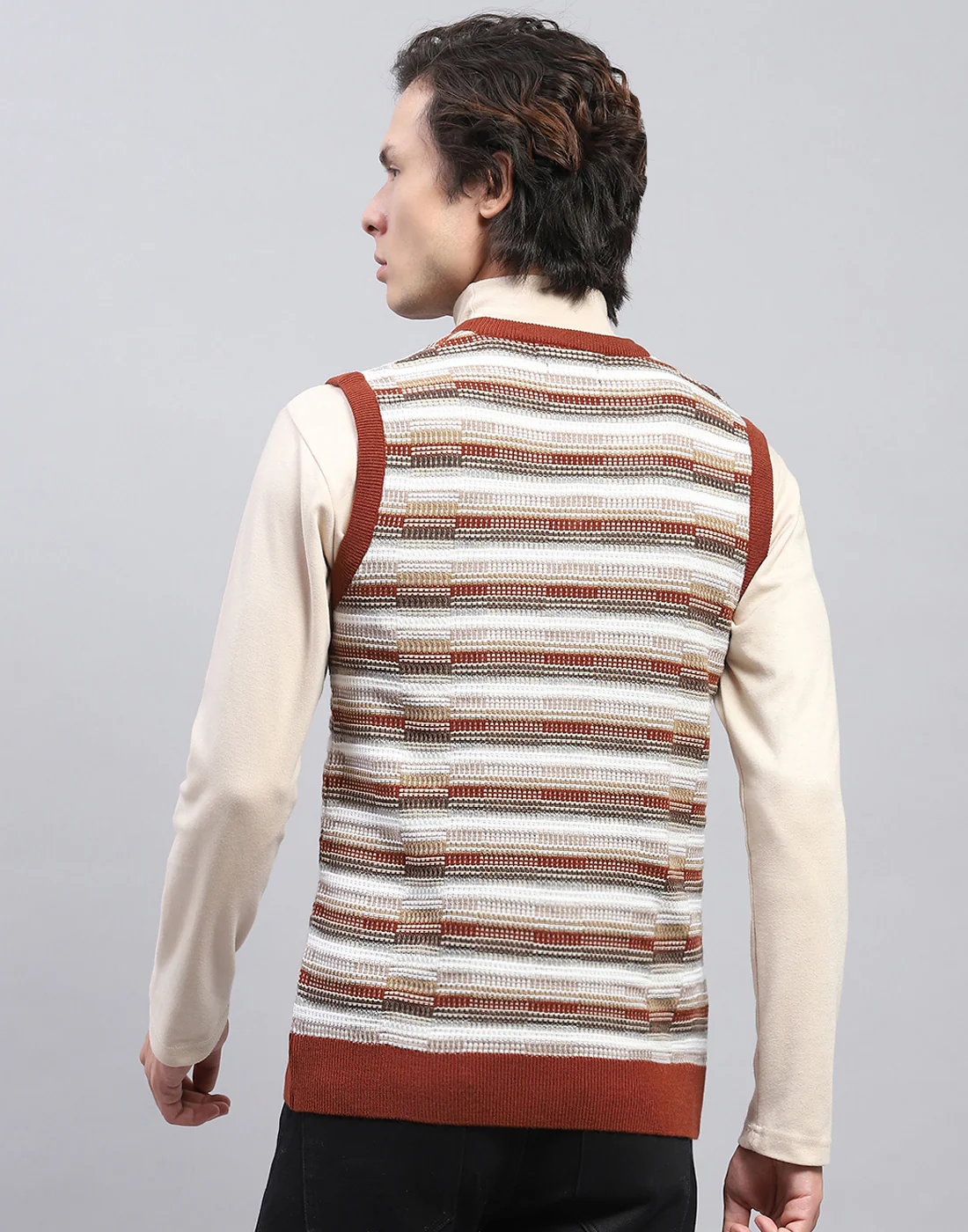Men Brown Self Design V Neck Sleeveless Sweater - Image 5
