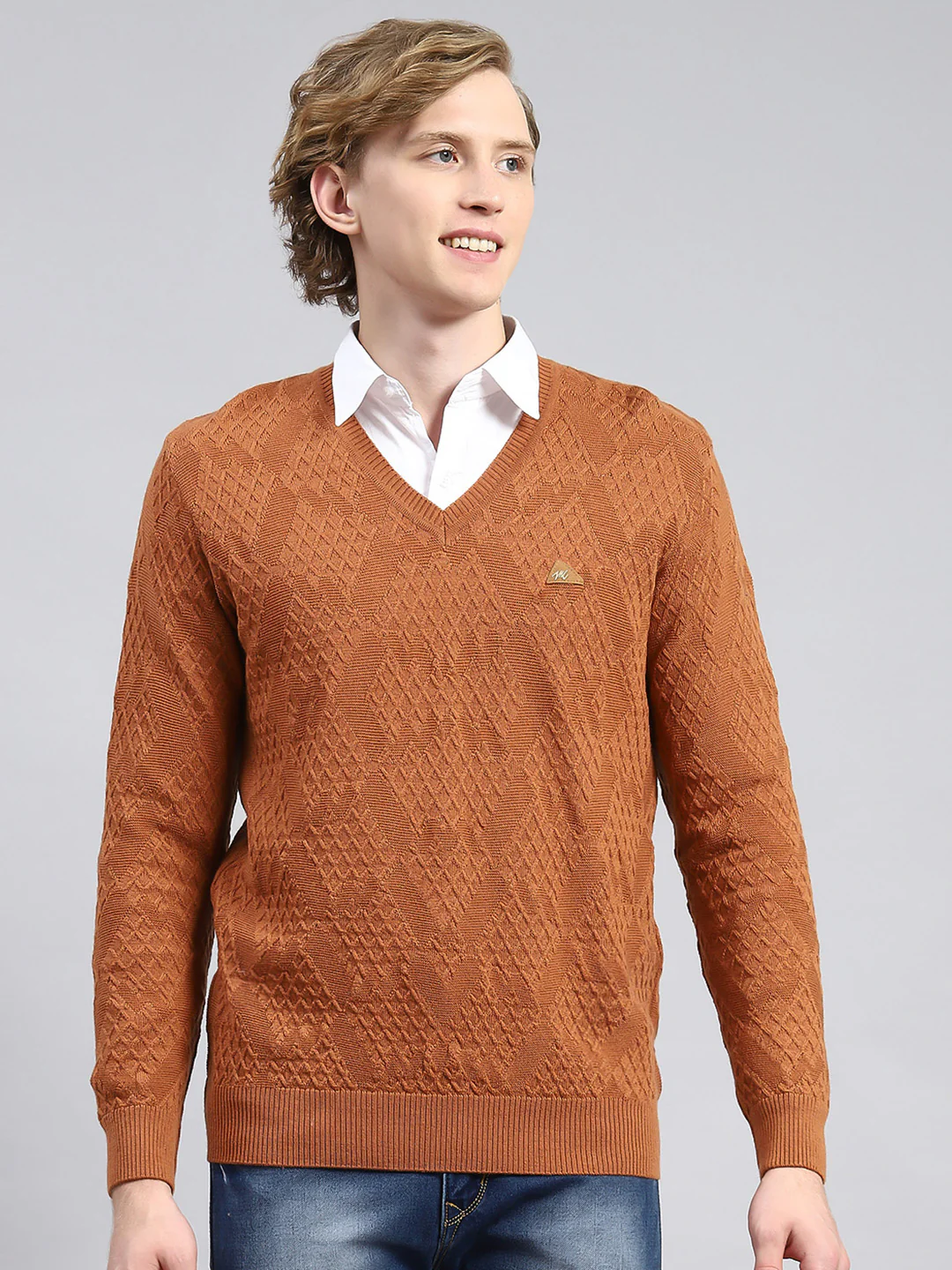Men Brown Self Pullover - Image 2