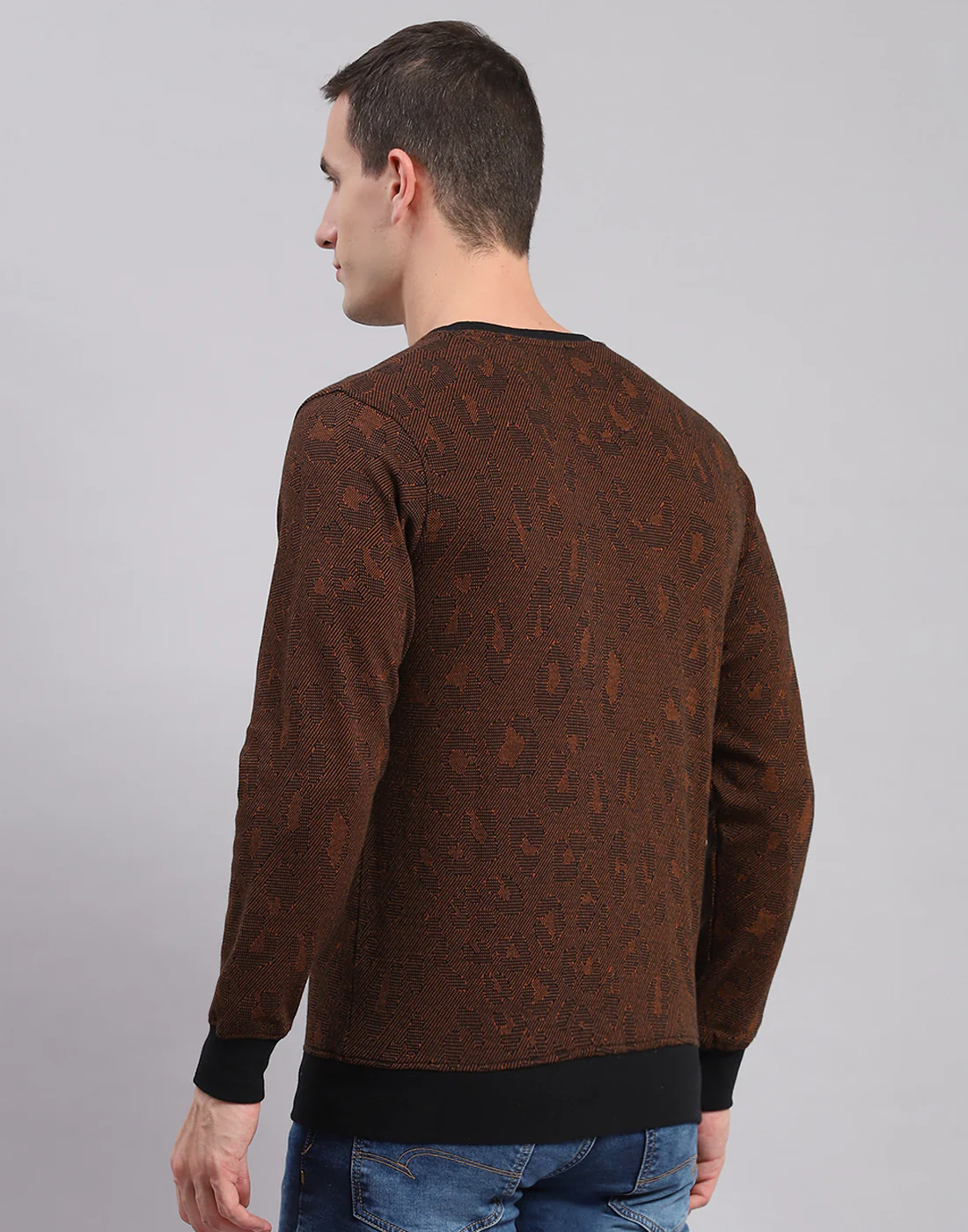 Men Brown Self Design Round Neck Full Sleeve Sweatshirts - Image 5