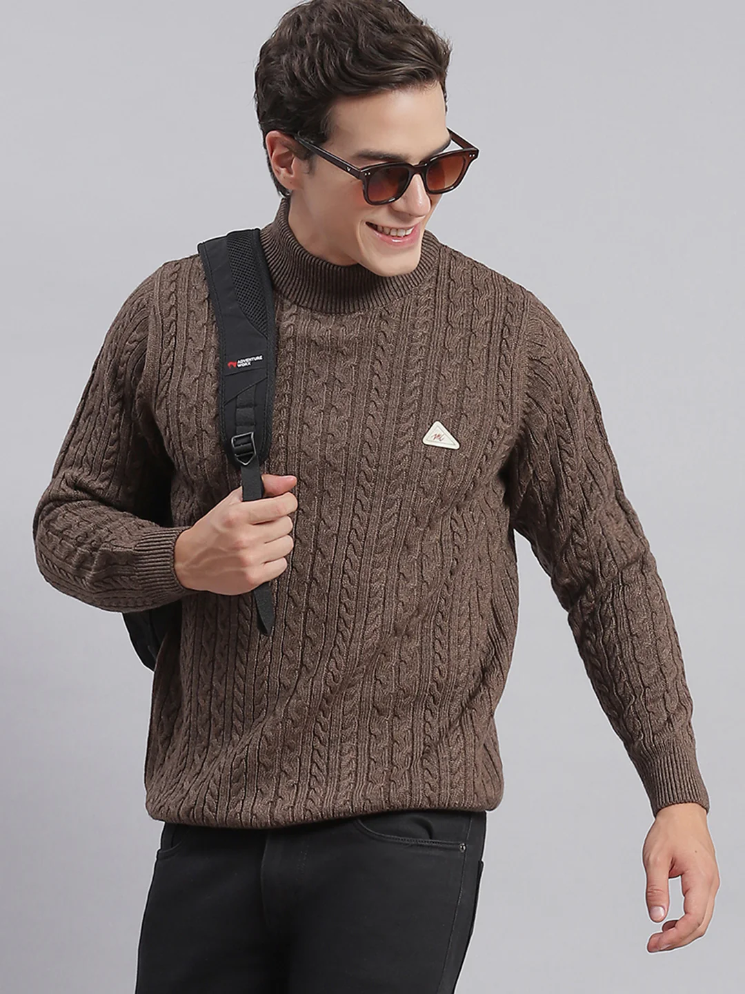 Men Brown Self Design T Neck Full Sleeve Sweaters/Pullovers - Image 2