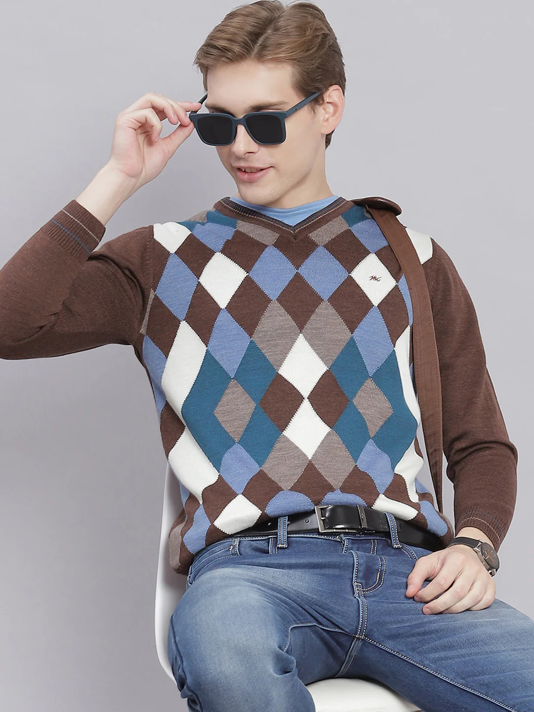 Men Brown Self Design V Neck Full Sleeve Sweaters/Pullovers - Image 2