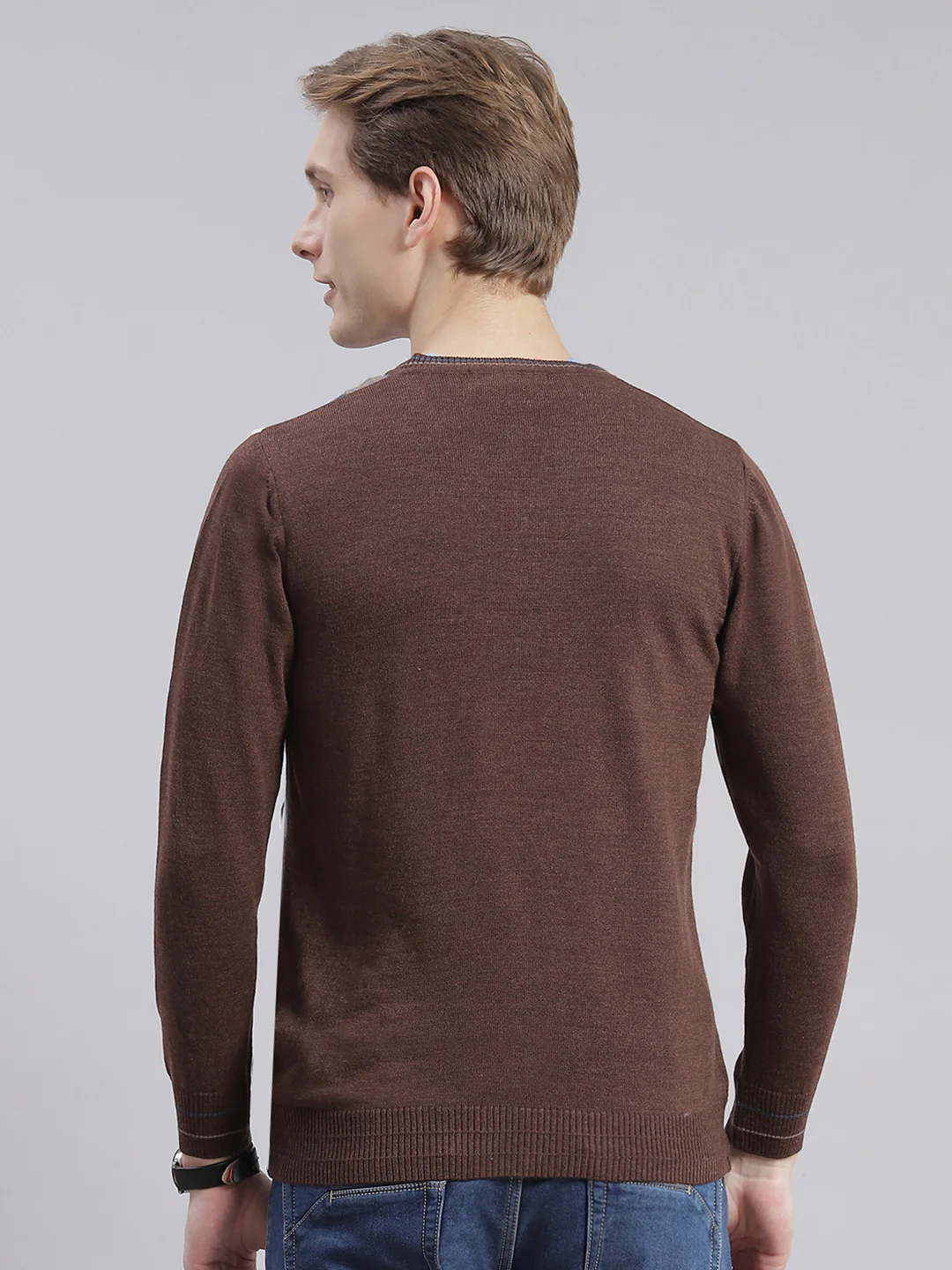 Men Brown Self Design V Neck Full Sleeve Sweaters/Pullovers - Image 4