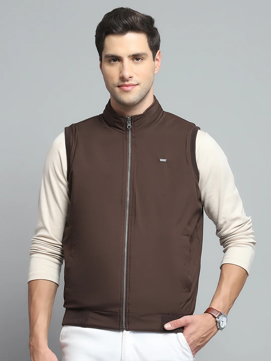 Men Brown Solid Band Collar Sleeveless Reversible Jacket - Image 6