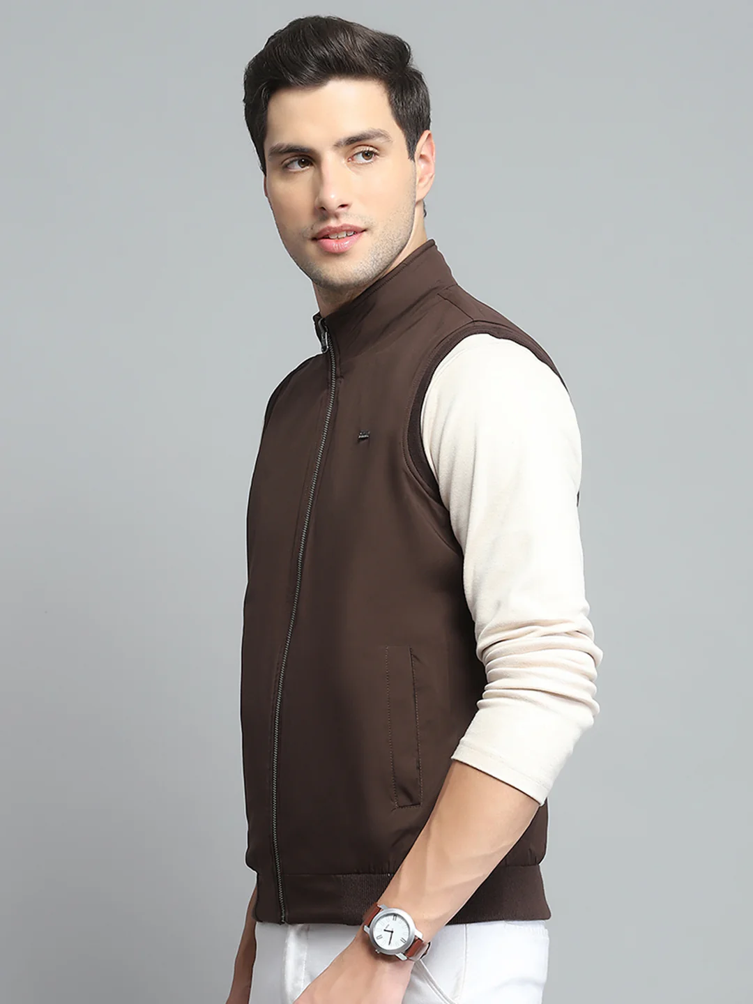 Men Brown Solid Band Collar Sleeveless Reversible Jacket - Image 7