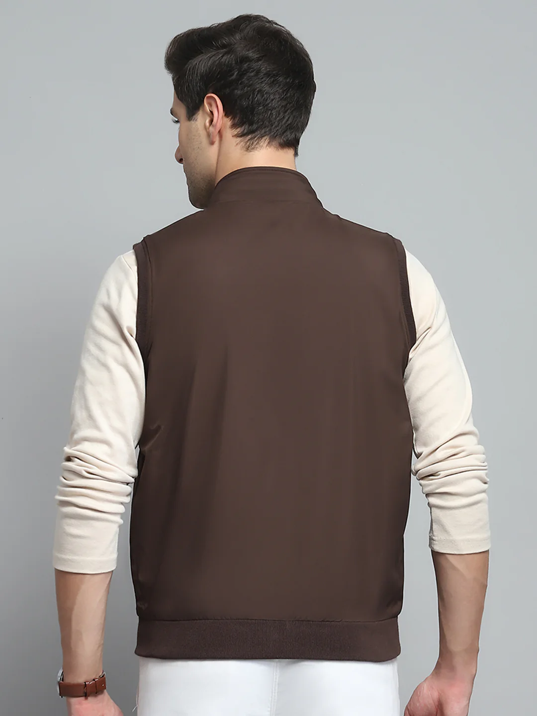 Men Brown Solid Band Collar Sleeveless Reversible Jacket - Image 8