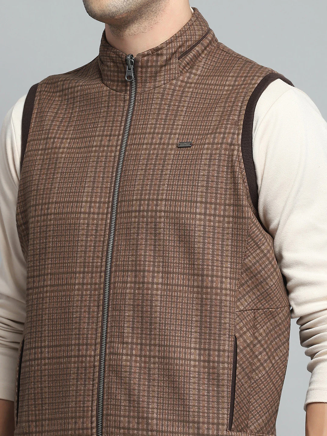 Men Brown Solid Band Collar Sleeveless Reversible Jacket - Image 9
