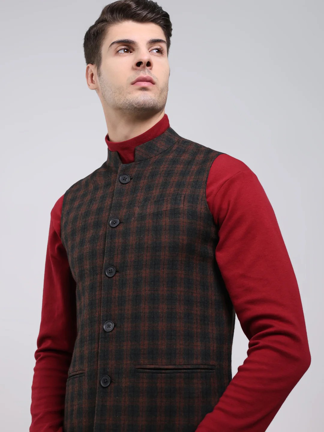 Men Brown Solid Band Neck Sleeveless Jacket - Image 7