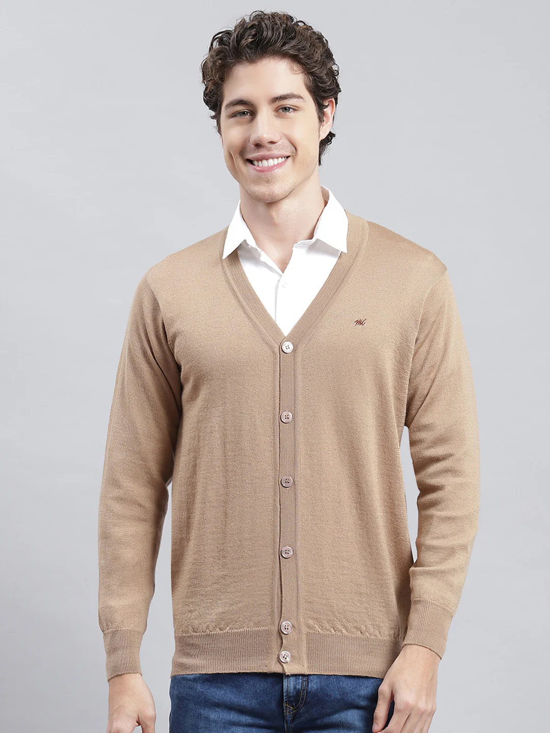 Men Brown Solid Cardigan - Image 2