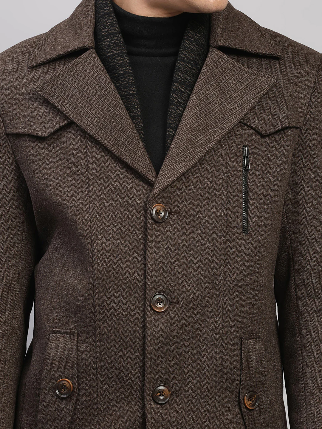 Men Brown Solid Collar Full Sleeve Coat - Image 7